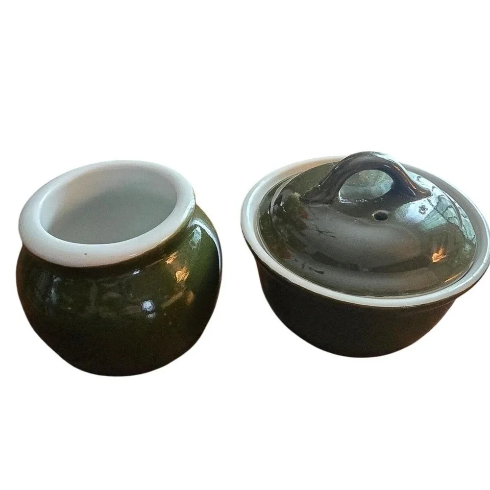Vintage Hall China made in‎ USA Covered Sugar Bowl and Creamer Set Dark Green